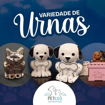 O Crematório Pet Céu oferece um catálogo completo com uma ampla seleção de urnas para que cada família encontre a opção ideal para seu pet. Com uma grande variedade de modelos, materiais e tamanhos, nossas urnas foram pensadas para refletir o carinho e a dedicação que cada pet merece.  Aqui, você pode escolher a urna que mais traduz a relação especial que teve com o seu companheiro, honrando de forma única e respeitosa a memória de quem sempre trouxe alegria para o seu lar.  Para conferir todas as opções de urnas, basta entrar em contato conosco via DM que teremos o prazer de lhe atender!